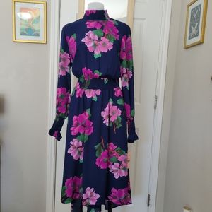 nanette Lepore Navy & Fuchsia Floral Cinched Midi Dress 10 Flowy NWT Smocked